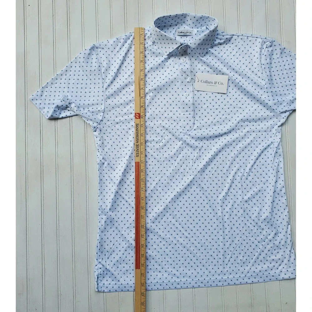 Collars & Co Mens Dress Collar Polo Shirt White Blue Diamond Print Large NWT